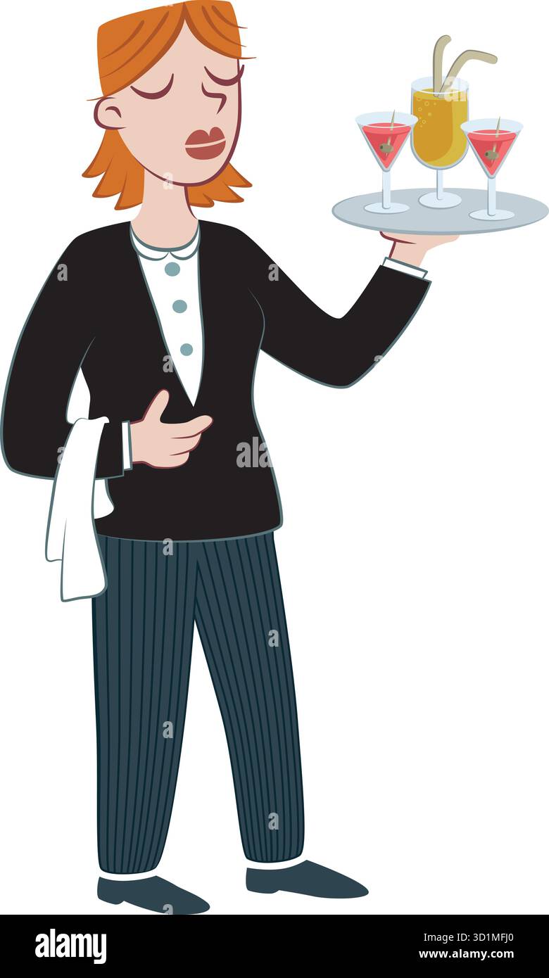 Illustrazione in stile retrò di una giovane cameriera che regge un vassoio con bevande. Illustrazione Vettoriale