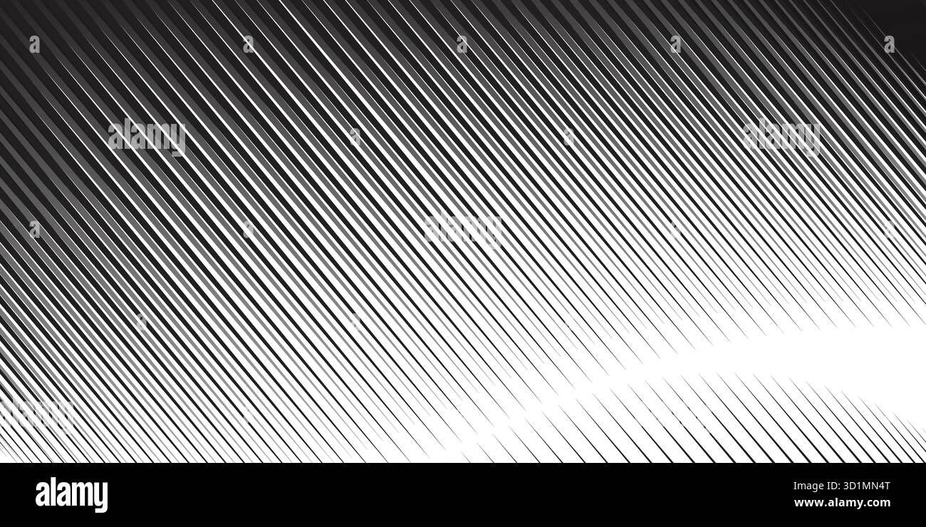 Trama di gradazione mezzitoni con linea inclinata. Sbiadimento dello sfondo con sfumature diagonali. Sfondo con motivo obliquo nero. Wallpa sottile con linea parallela Illustrazione Vettoriale