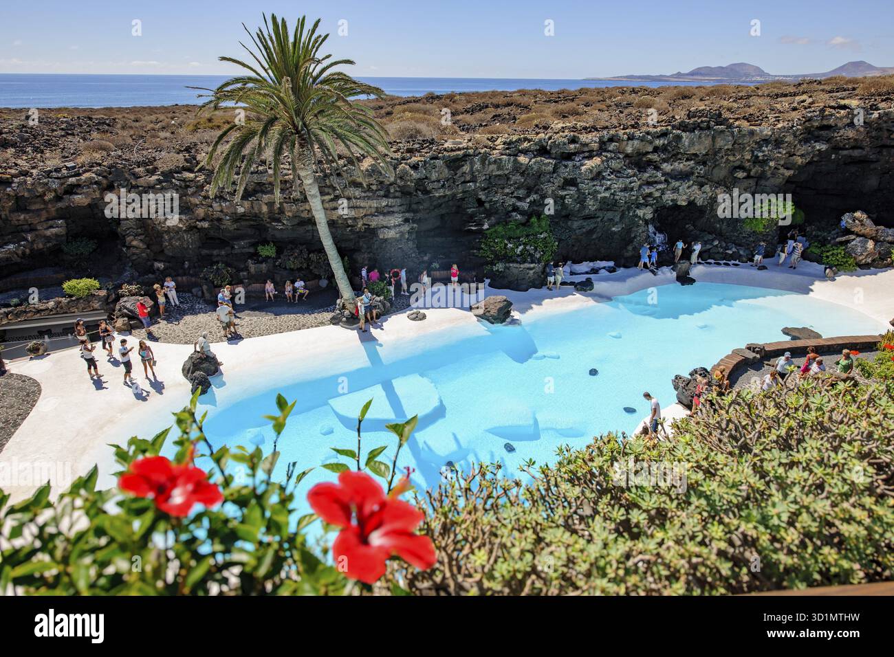 Vista dalla posizione elevata della piscina disegnata da Cesar Manrique piscina in luogo d'arte centro culturale attrazione turistica Jameos del Agua, Punta M Foto Stock