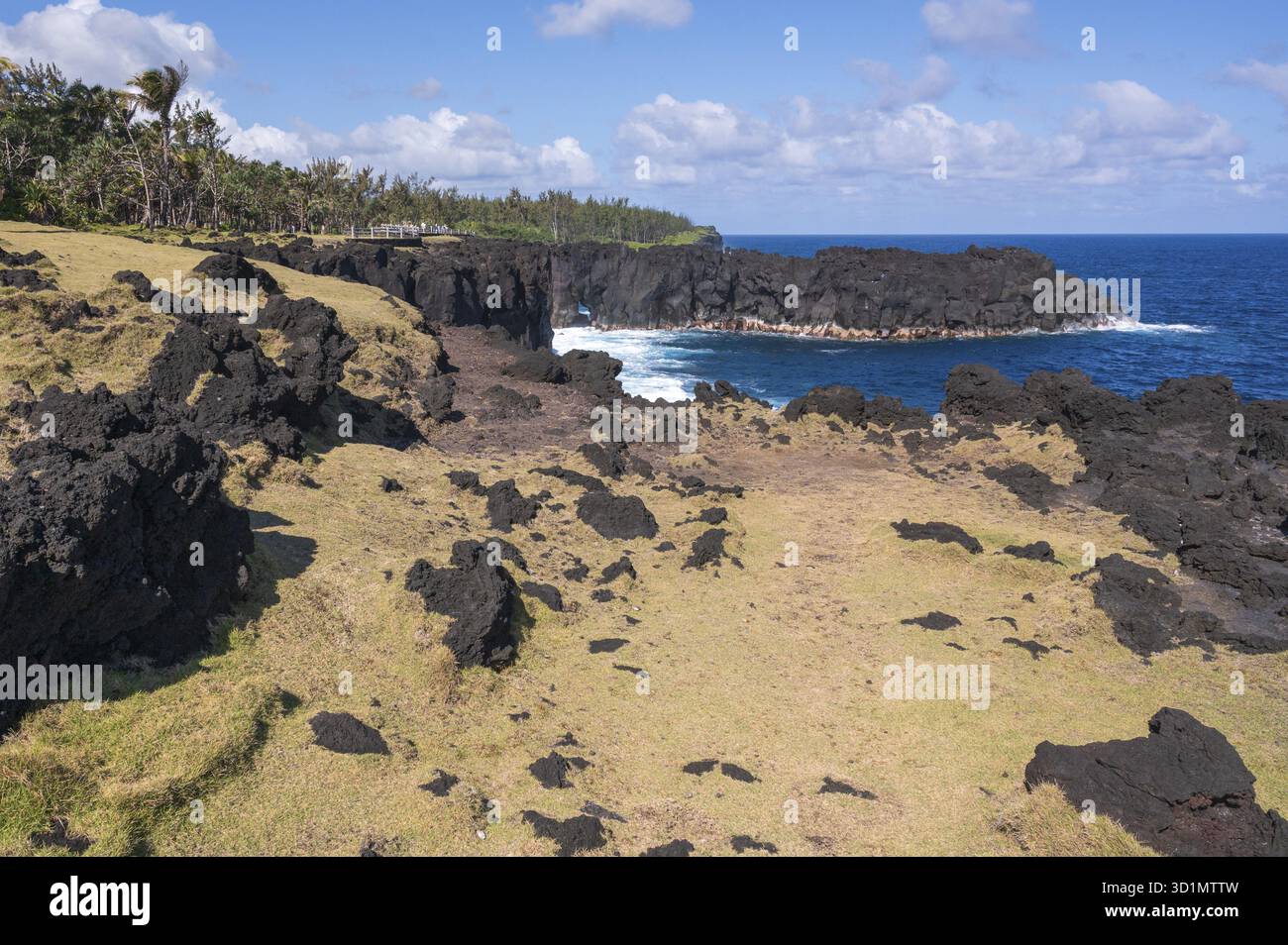 L'arida costa lavica a Cap Mechant con scogliere e massi di lava nera, qui e là con erba verde-gialla sparsa, mentre una massiccia e scura tonnellata di lava Foto Stock