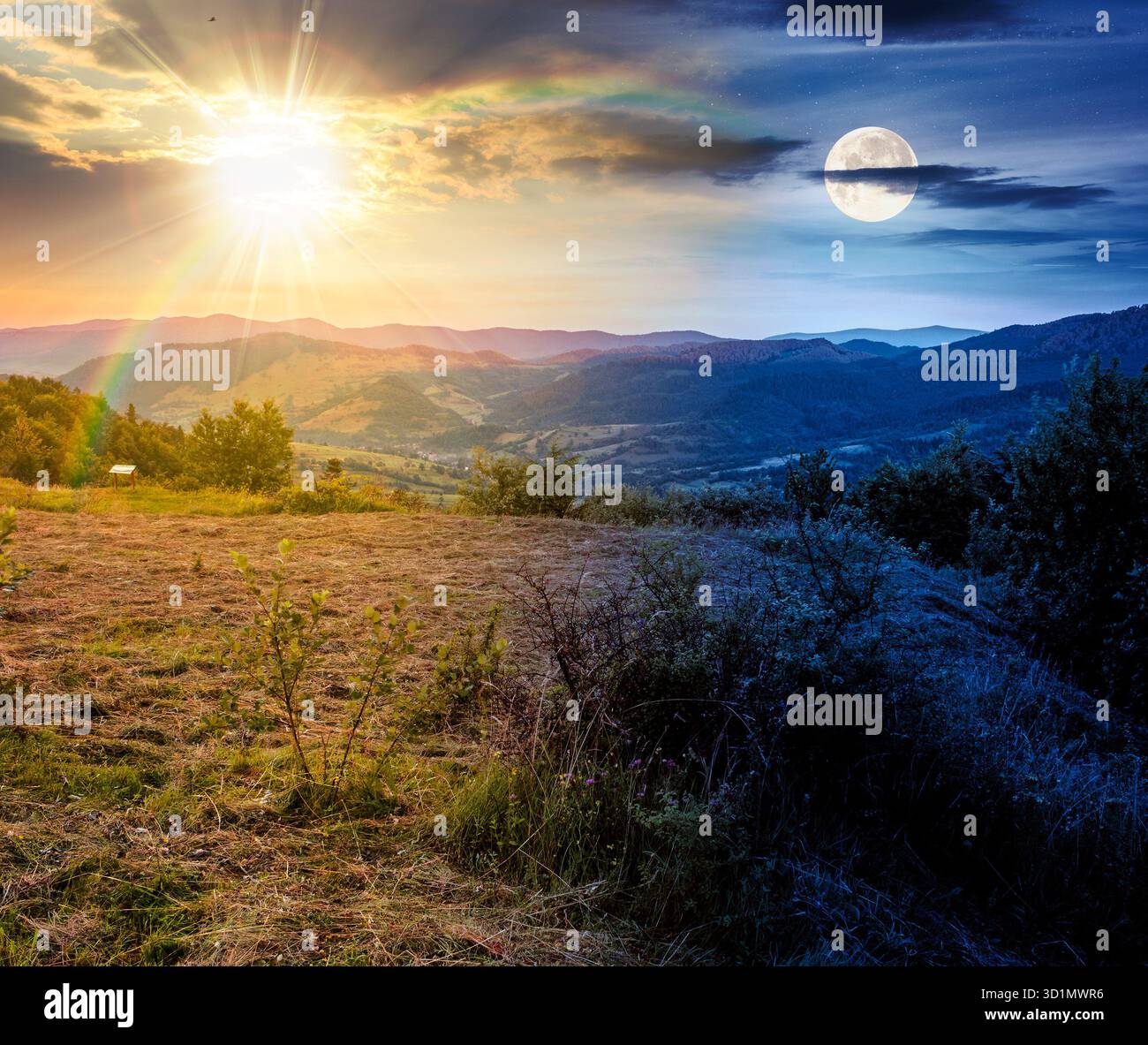 paesaggio mattutino di montagne al solstizio d'estate. concetto di cambiamento di orario diurno e notturno. valle rurale con sole e luna. la bellezza della campagna. organico h Foto Stock