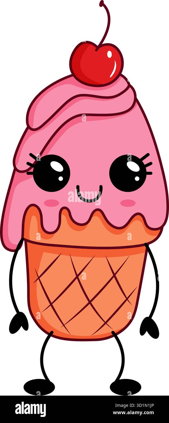 Simpatico personaggio del cono di gelato Kawaii Illustrazione Vettoriale