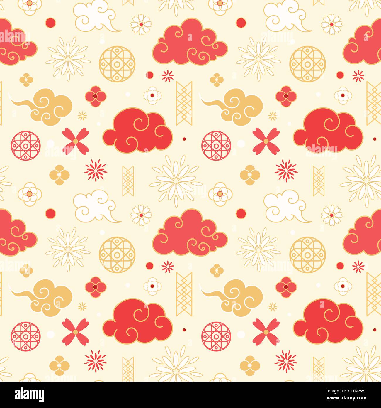 Motivo senza cuciture per il capodanno cinese. Motivo orientale con nuvole, fiori ed elementi asiatici tradizionali su sfondo beige. Illustrazione Vettoriale