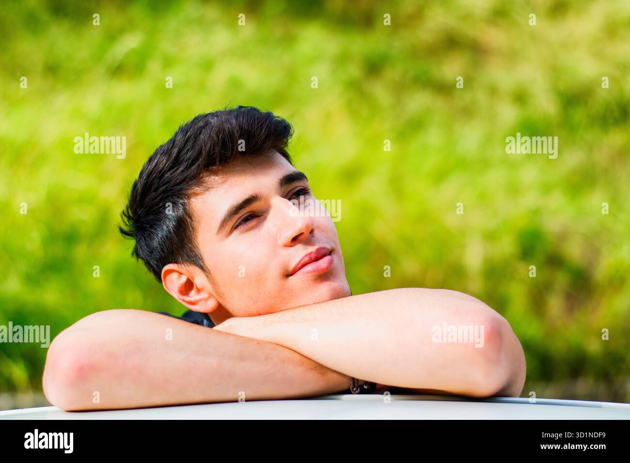 Giovane che guarda la macchina fotografica all'aperto, appoggiato con la testa appoggiata sulle mani Foto Stock