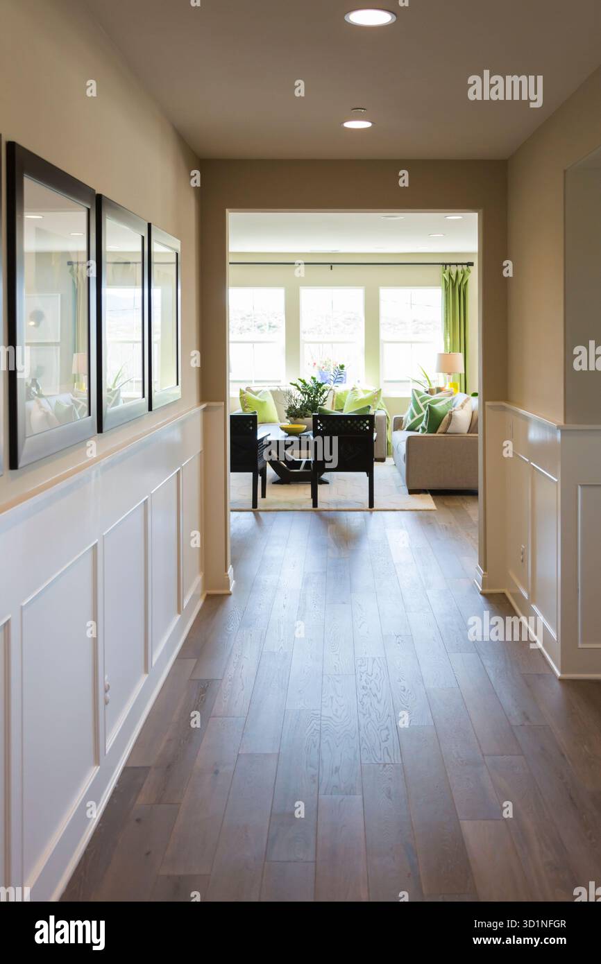 Home Entry Way con pavimenti in legno e wainscoting Foto Stock