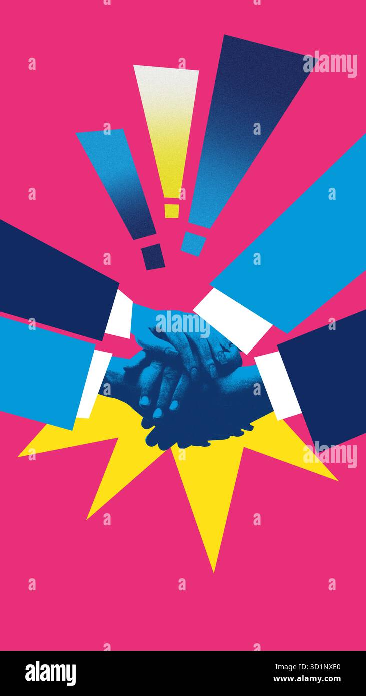 Grafica digitale creativa. Mani unite in unità sotto punti esclamativi con effetto granulosità. Foto Stock