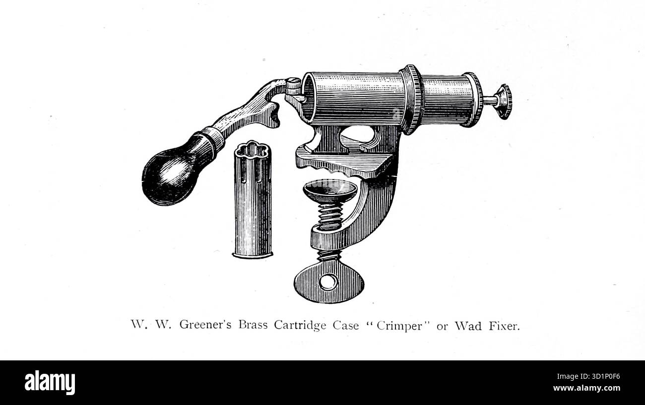 W. W. Greener's Brass Cartridge Case 'Crimper' o WAd Fixer. Da ' The gun and its Development' di Greener, W. W. (William Wellington) data di pubblicazione 1897 Foto Stock
