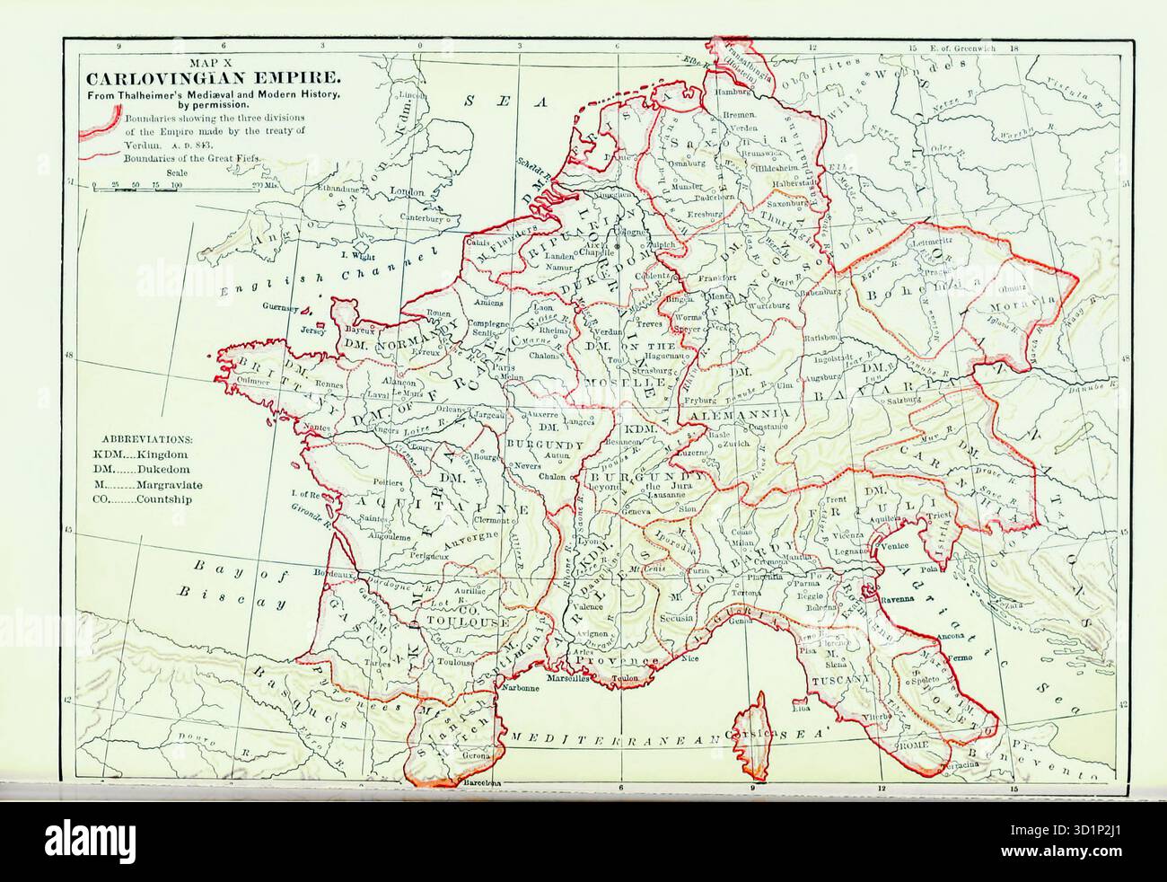Mappa dei confini dell'Impero carlovingiano che mostra le tre divisioni dell'impero realizzate con il trattato di Verdun 843 d.C. dal LIBRO XIII l'età di Carlo Magno nel volume 12, della storia universale di Ridpath: un resoconto dell'origine, della condizione primitiva e dello sviluppo etnico delle grandi razze dell'umanità, e dei principali eventi nell'evoluzione e nel progresso della vita civile tra uomini e nazioni, da fonti recenti e autentiche con un'indagine preliminare sull'ora, il luogo e le modalità dell'inizio di Ridpath, John Clark, 1840-1900 pubblicato nel 1897 Foto Stock