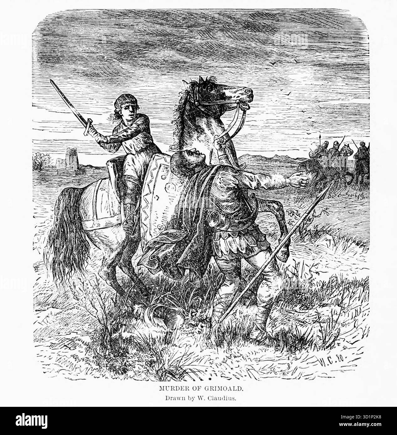 Assassinio di Grimoaldo i (616–657), detto il Vecchio fu sindaco del palazzo dell'Austrasia dal 643 alla sua morte. Era figlio di Pepino di Landen e Itta. Grimoaldo fu catturato e giustiziato dal re di Neustria. O Clodoveo II o suo figlio e successore, Chlothar III. Dal LIBRO XIII l'età di Carlo Magno nel volume 12, della storia universale di Ridpath: Un resoconto dell'origine, della condizione primitiva e dello sviluppo etnico delle grandi razze dell'umanità, e dei principali eventi nell'evoluzione e nel progresso della vita civile tra uomini e nazioni, da fonti recenti e autentiche con Foto Stock