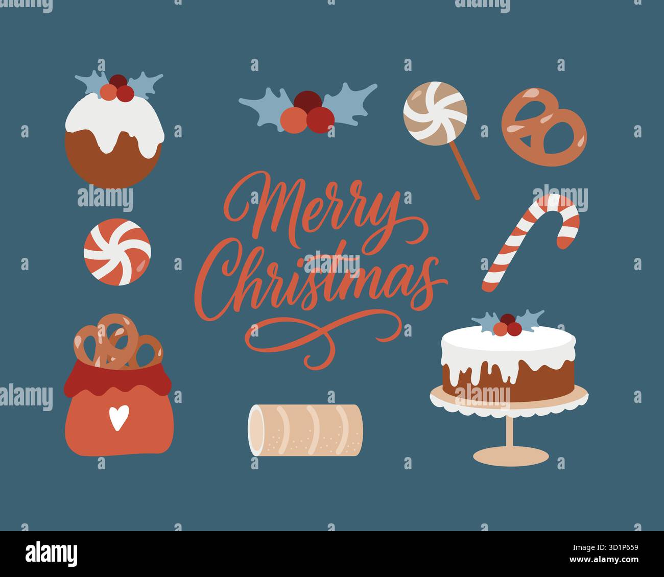 Lettering buon Natale e Capodanno. Clip art decorativa per le vacanze invernali disegnata a mano. Dolci natalizi, torte, dolci, caramelle e biscotti. Illustrazione piatta isolata su sfondo blu scuro Illustrazione Vettoriale