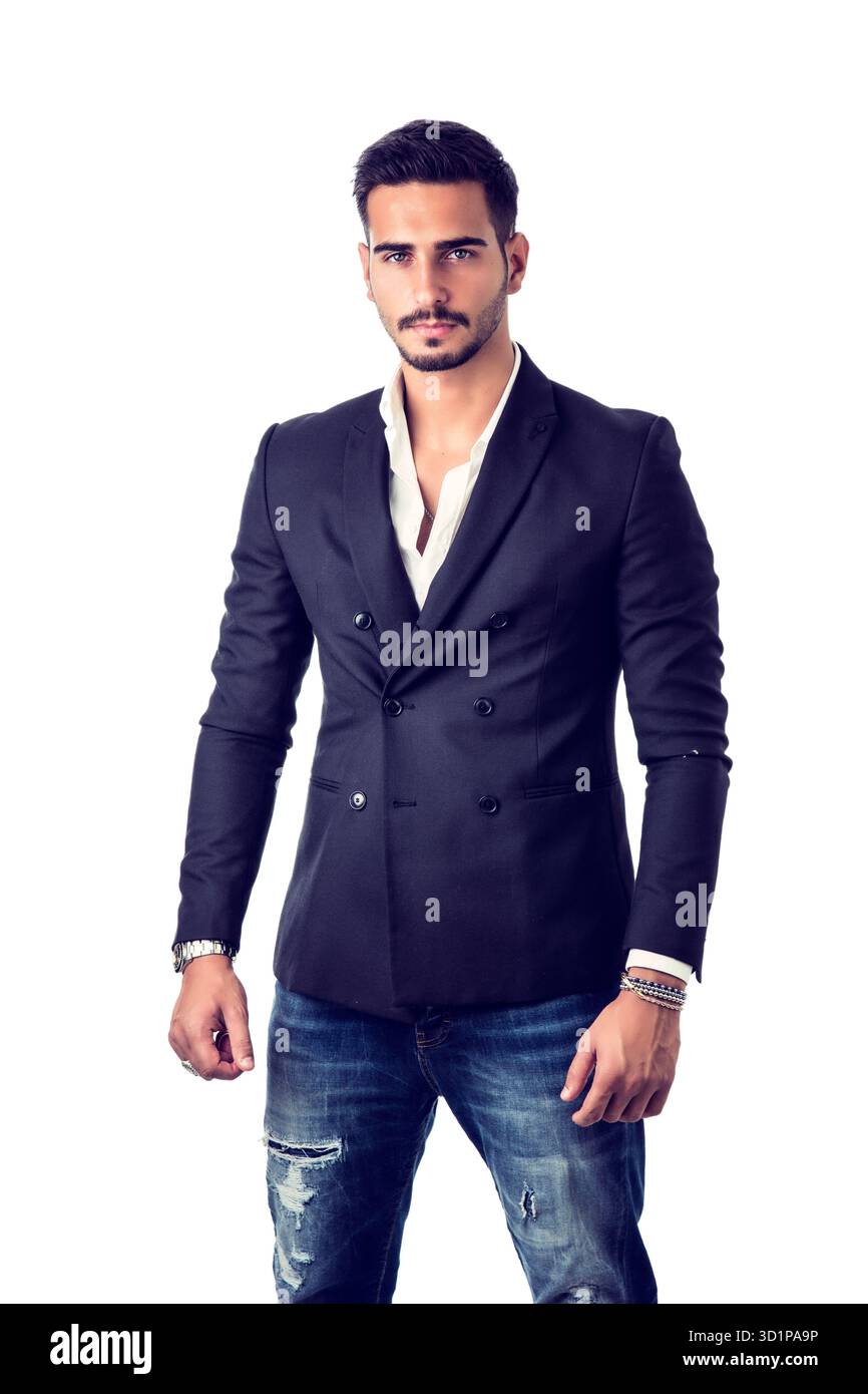 Alternativa business giovane uomo che indossa camicia e jeans strappati Foto Stock