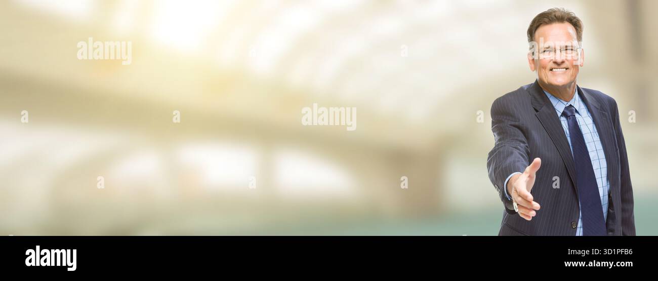 Bello imprenditore per adulti raggiungendo per stretta di mano con una stanza per il testo. Foto Stock