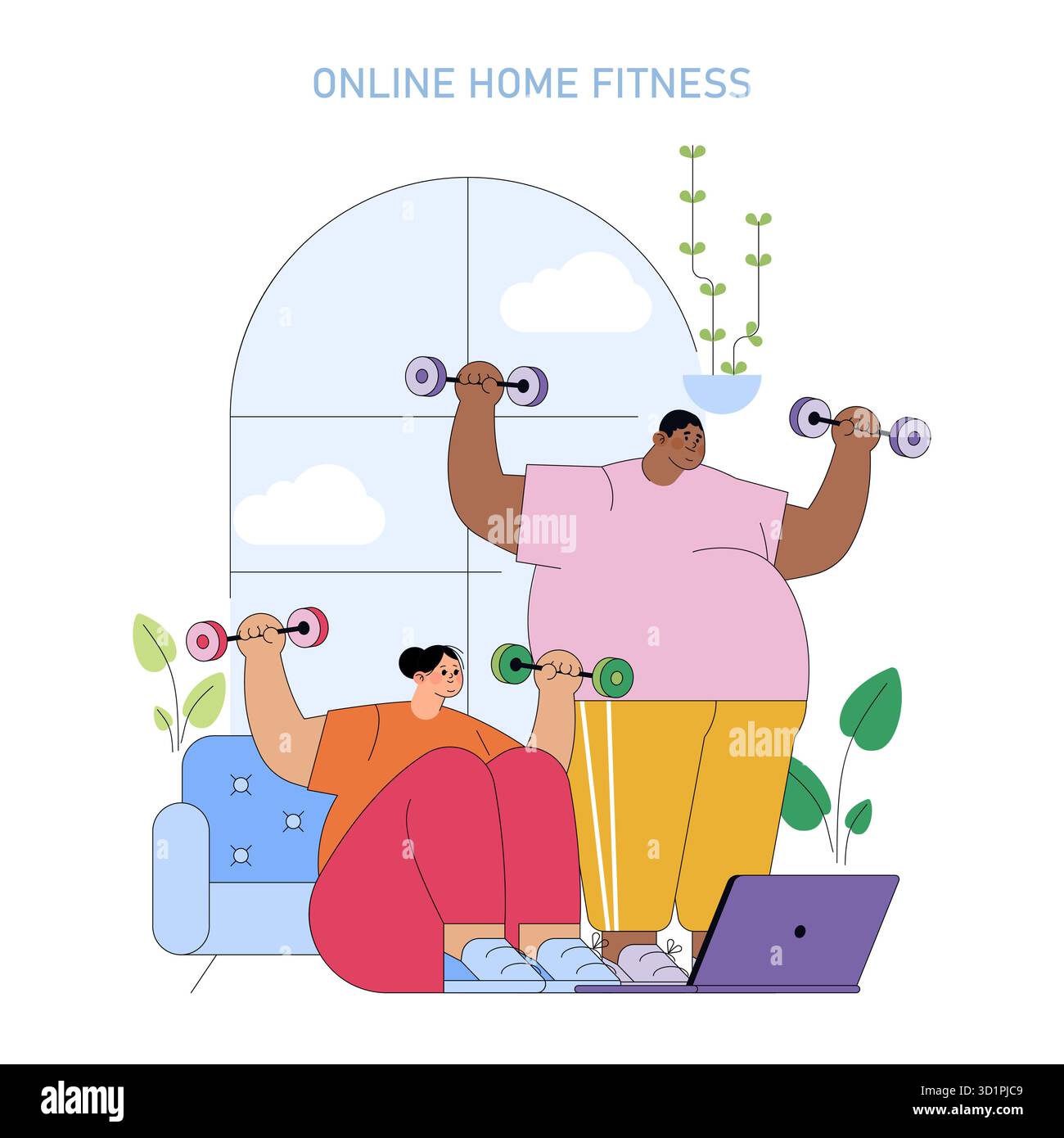 Scena illustrata di due persone che si allenano con i manubri a casa seguendo le istruzioni di fitness online. La grafica vettoriale mette in evidenza il fitness in interni e le indicazioni digitali per l'allenamento. Illustrazione Vettoriale