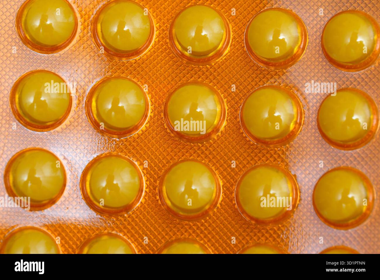 Le capsule gialle vibranti sono posizionate in modo ordinato su uno sfondo arancione accattivante. Foto Stock