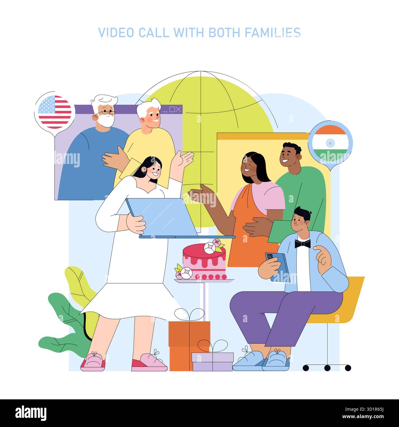 Illustrazione vettoriale di una gioiosa videochiamata tra due famiglie di paesi diversi, festeggiando con regali e una torta. Computer portatili e telefoni li collegano virtualmente. Illustrazione Vettoriale