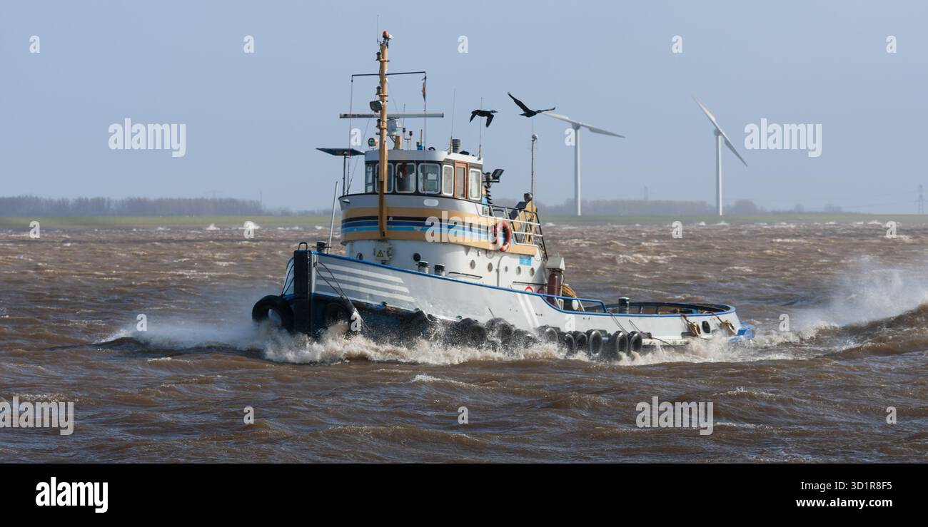 Rimorchiatore attraversando la tempesta, a suo modo per l'approdo sicuro Foto Stock