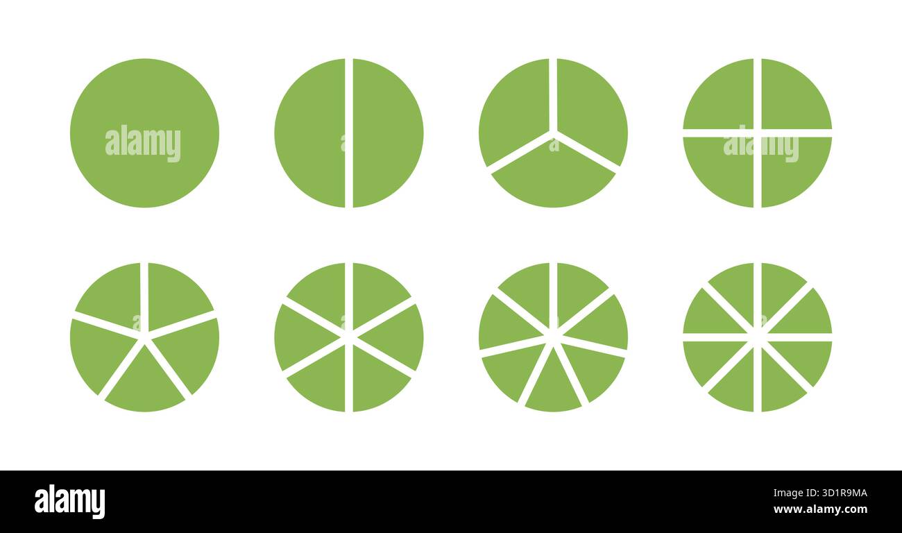 Divisione del cerchio su da 1 a 8 parti uguali. Coaching per il mockup vuoto. Schema delle ruote diviso da uno a otto segmenti. Set di appartamenti infografici Illustrazione Vettoriale