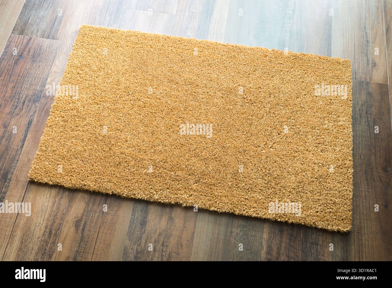 Tappeto di benvenuto vuoto su sfondo pavimento in legno pronto per il tuo testo Foto Stock