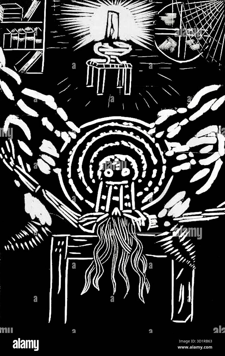 Max Jiménez - The Flea Tamer - 1936 - l'immagine raffigura una figura stilizzata con lunghi capelli che scorrono su un tavolo. Sopra la testa della figura si trova una sorgente luminosa luminosa, che irradia, possibilmente una lampada, che illumina un piccolo tavolo rialzato con un oggetto delicato sopra di esso. Lo stile generale è espressivo e acuto, con forti contrasti tra le aree in bianco e nero. La stampa è una delle numerose illustrazioni create da Jiménez per il suo romanzo omonimo. Foto Stock