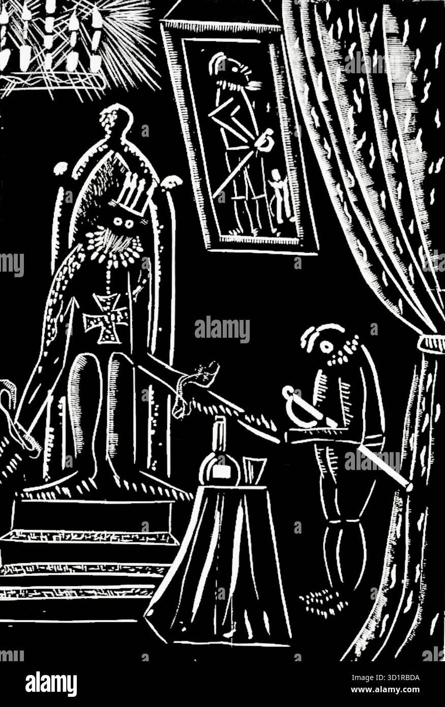 Max Jiménez - The Flea Tamer - 1936 - l'immagine è un'illustrazione in legno in bianco e nero intitolata "El domador de pulgas" (The Flea Tamer) dell'artista costaricano Max Jiménez. L'opera raffigura una scena con due figure in una stanza con tende pesanti e un quadro incorniciato sul muro - Figura principale: Una grande figura simile a un re con una corona e una barba siede su un trono ornato. Ha grandi occhi rotondi e indossa un abito decorato. Regge un bastone lungo e sottile, forse una frusta o uno scettro, che si estende verso la figura più piccola - figura secondaria: Una figura più piccola, barba sta. Foto Stock