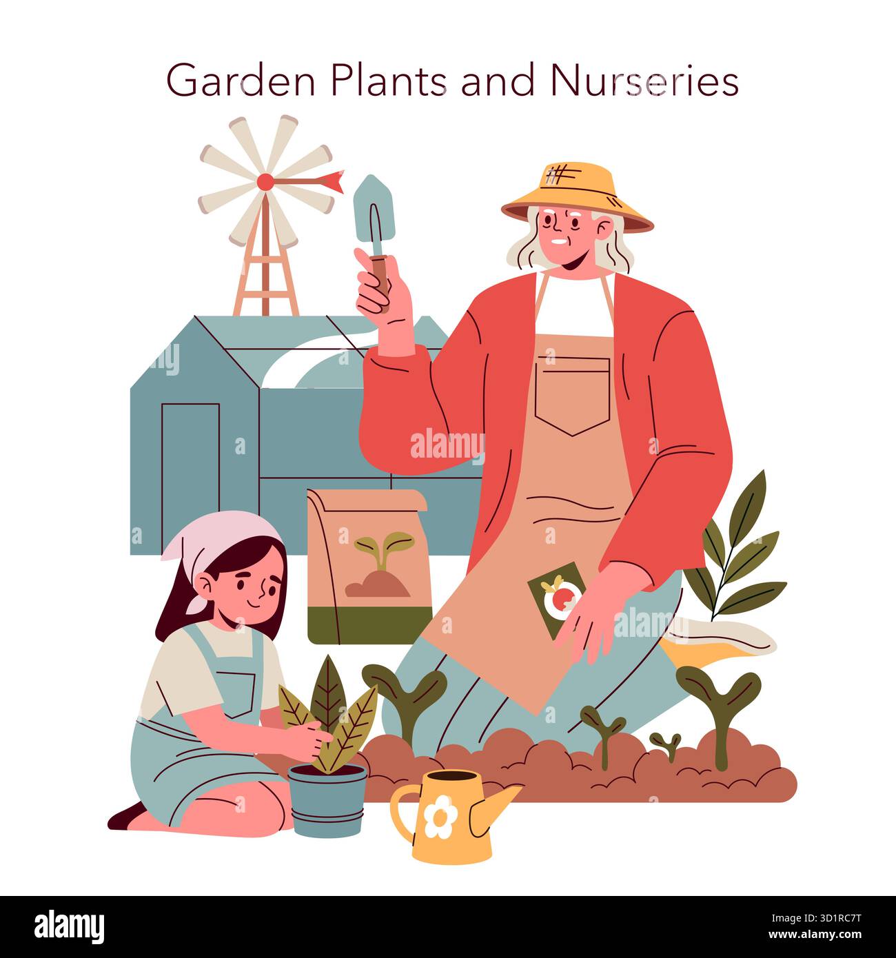 Illustrazione del vettore di giardinaggio che raffigura piante per adulti e bambini. La scena include una serra e vari strumenti per il giardinaggio, sottolineando il lavoro di squadra e l'educazione al giardinaggio. Illustrazione Vettoriale