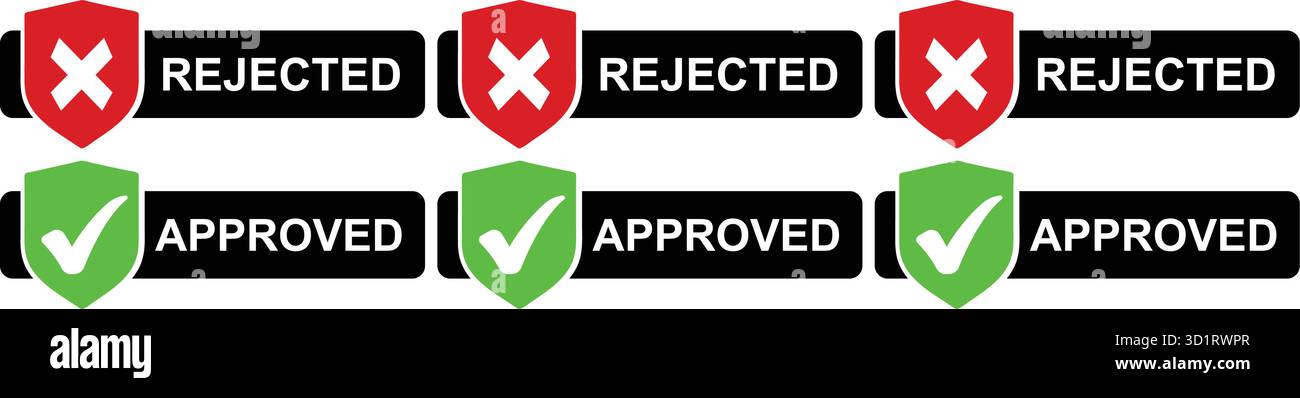 Badge approvati e rifiutati con icone di controllo e croce per i concetti di decisione e convalida Illustrazione Vettoriale