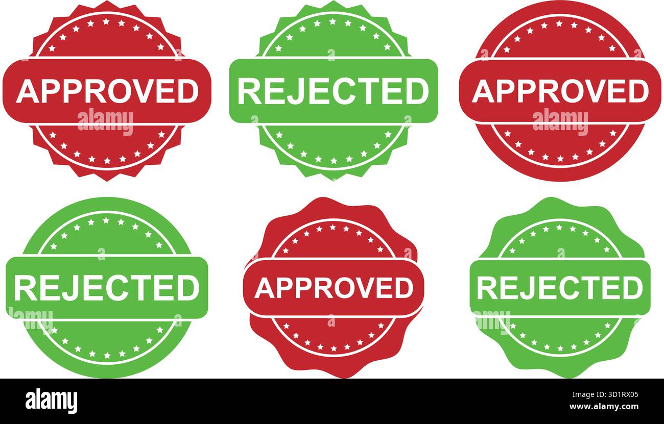 Badge approvati e rifiutati per i concetti di convalida, decisione e stato Illustrazione Vettoriale