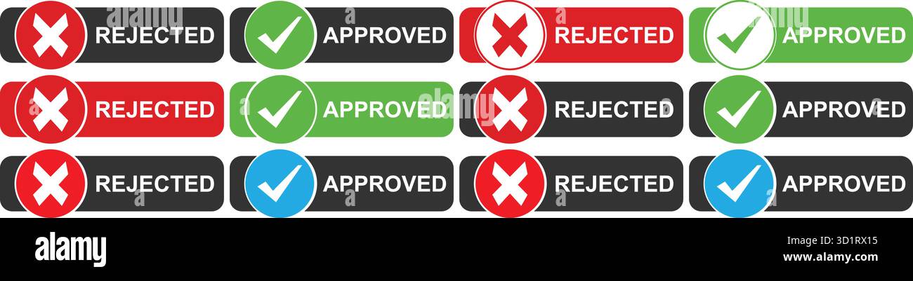 Badge approvati e rifiutati con icone di controllo e croce per i concetti di decisione e convalida Illustrazione Vettoriale