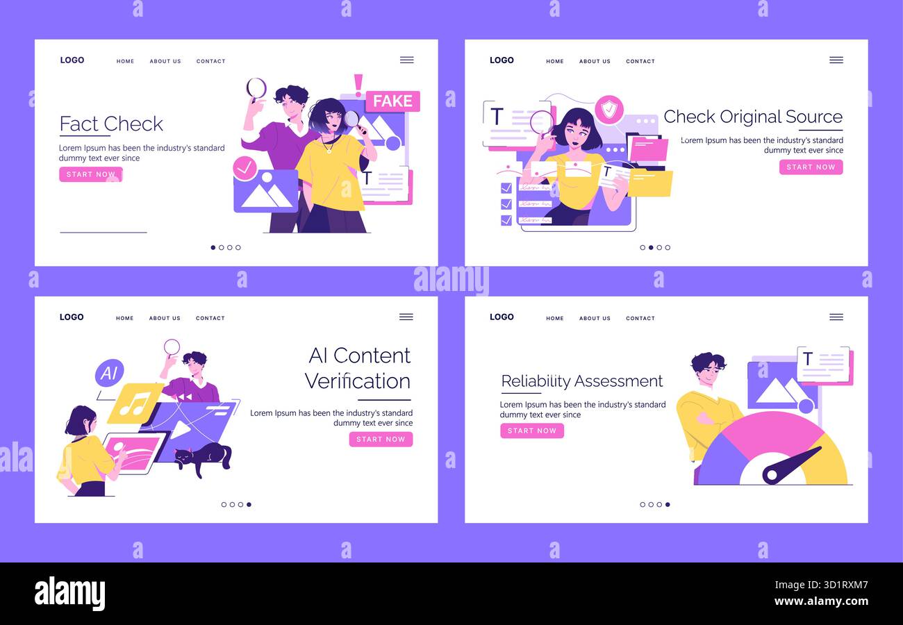 Illustrazione vettoriale che raffigura azioni di verifica dei fatti online, tra cui l'identificazione di notizie false, la verifica dei contenuti dell'intelligenza artificiale e la valutazione dell'affidabilità. Le persone utilizzano strumenti digitali per garantire la precisione. Illustrazione Vettoriale