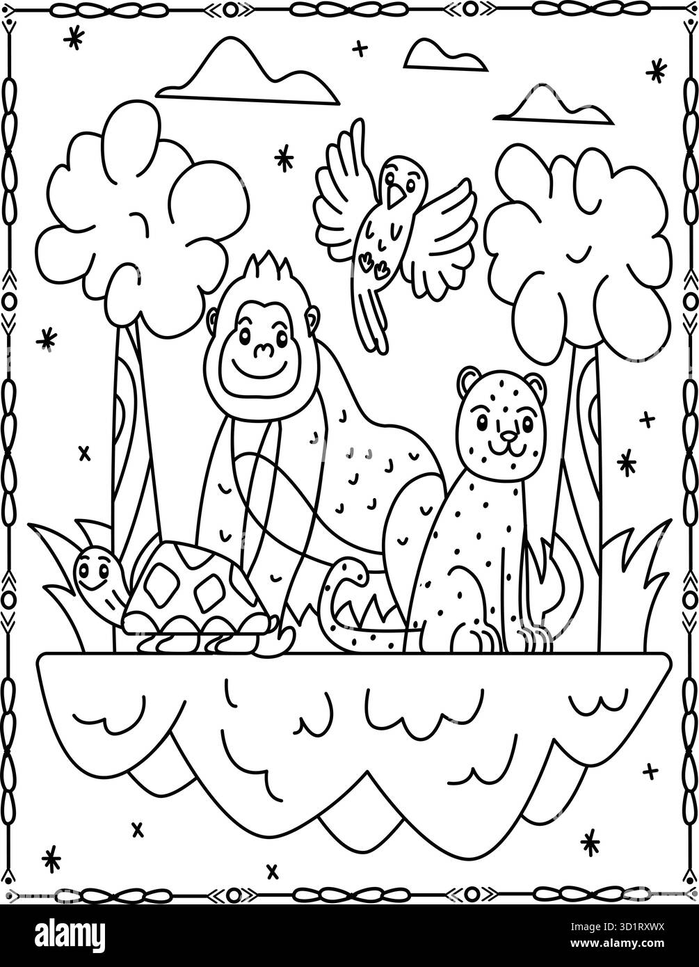 Pagina da colorare animali della giungla carini per bambini e adulti. Divertente illustrazione della fauna selvatica. Illustrazione Vettoriale
