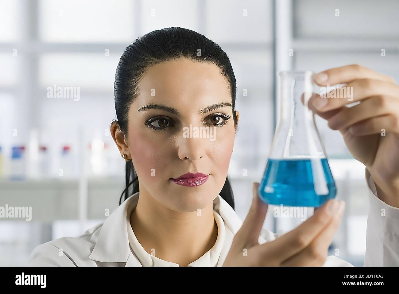 Una donna sta tenendo un liquido blu in un bicchiere. Indossa un camice da laboratorio bianco e i capelli vengono tirati indietro. Concetto di curiosità e concentrazione scientifica Foto Stock
