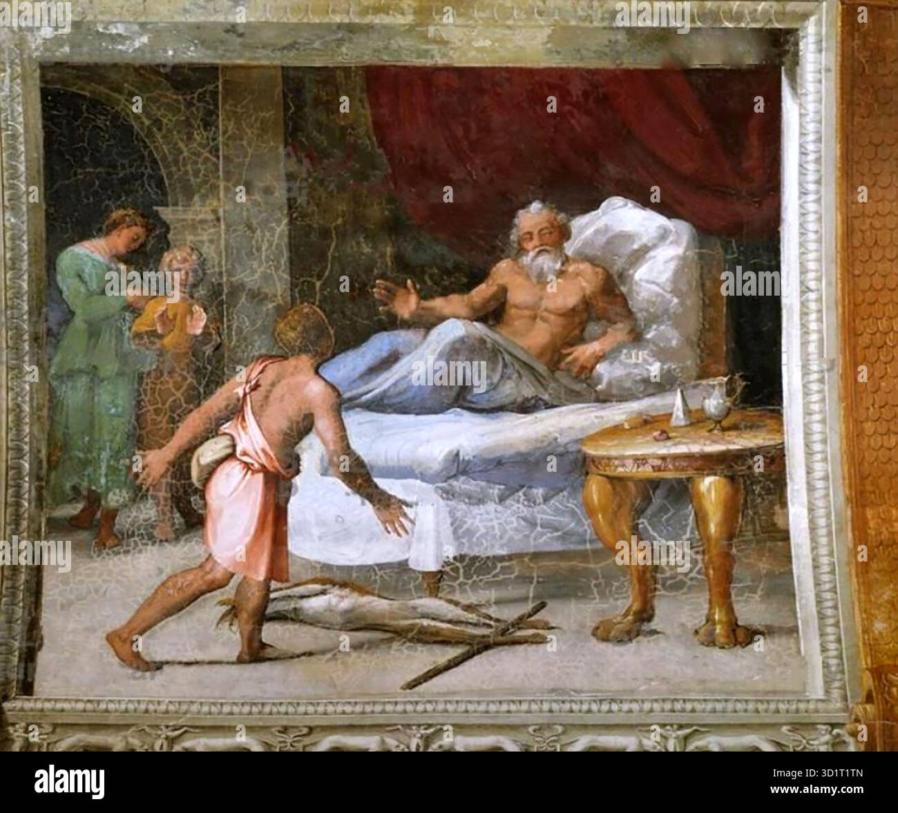 RAFFAELLO Sanzio decorazione della Loggetta affresco Palazzi Pontifici, Vaticano - il diritto di nascita di Esaù è un affresco di Raffaello (Raffaello Sanzio, 1483-1520), parte della decorazione della Loggetta (piccola Loggia) nel Palazzo Apostolico, città del Vaticano. La scena raffigura l'episodio biblico in cui Esau vende il suo diritto di nascita a Giacobbe, illustrando temi della fragilità umana e della provvidenza divina. La composizione di Raffaello enfatizza le figure espressive, la narrazione chiara e la disposizione armoniosa, riflettendo l’eleganza e la chiarezza, ed equilibrio caratteristico dell'arte dell'alto Rinascimento. Foto Stock