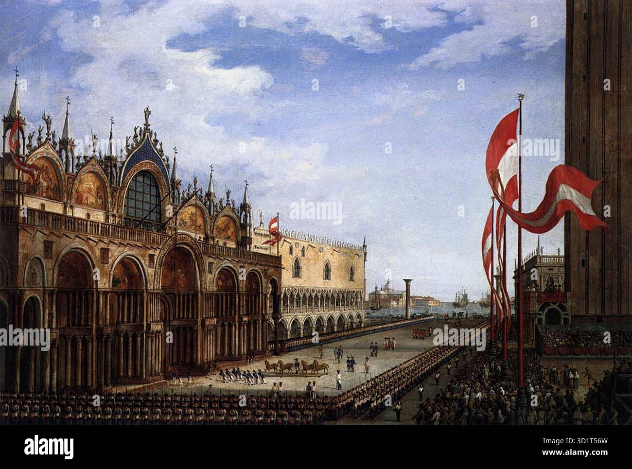 CHILONE, Vincenzo (1758, Venezia, 1839, Venezia) il ritorno dei cavalli di San Marco 1815 olio su tela Collezione privata i quattro cavalli di bronzo (di lavorazione greca del IV-III secolo a.C.) furono saccheggiati dall'antico circuito di Costantinopoli e portati a Venezia nel 1204 dal doge Enrico Dandolo. Sotto Napoleone furono saccheggiati dai francesi che li portarono a Parigi. Nel 1815 ai francesi fu richiesto di restituire tutte le opere d'arte rubate alla città. Il loro ritorno, di grande significato politico, fu celebrato da molti artisti, tra cui Chilone. --- parole chiave: -- Foto Stock