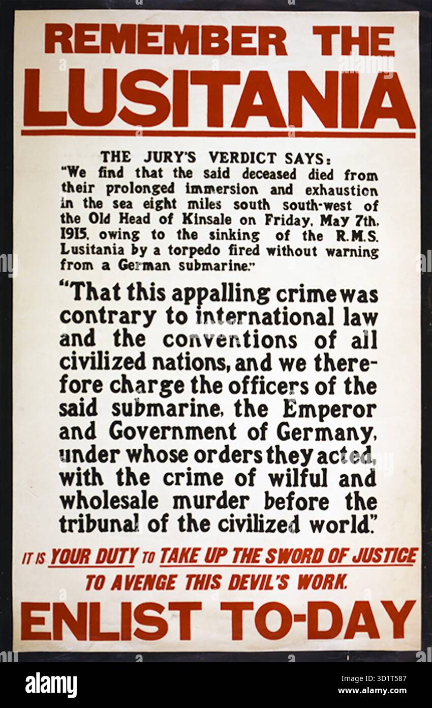 LUSITANIA Recruiting poster pubblicato dal British Parliamentary Recruiting Committee nel 1915. La RMS Lusitania fu silurata il 13 maggio 1915 Foto Stock