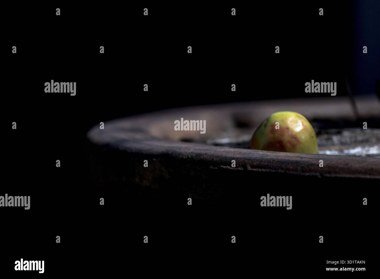 Natura morta artistica su un piatto scuro, catturata in una luce soffusa e soffusa. Una composizione di cibo rustica ed elegante Foto Stock