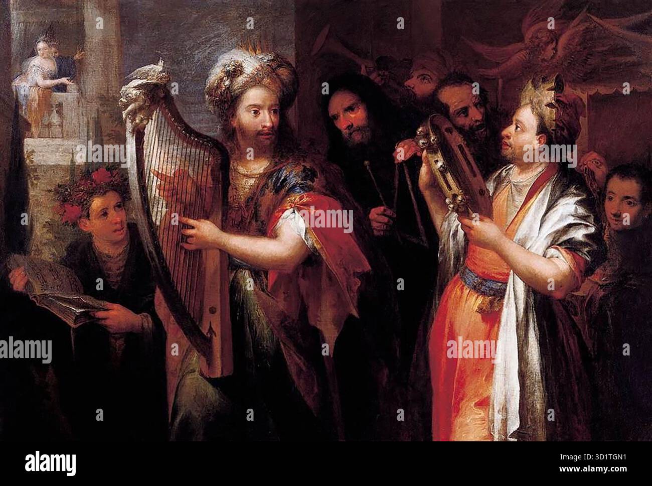 CELESTI, Andrea (nato 1637, Venezia, d. 1712, Venezia) Re David che suona lo Zither - olio su tela, 135 x 198 cm Collezione privata David, il pastore che divenne re di Israele, era un guerriero, uno statista, e anche un musicista. Tradizionalmente si crede che sia l'autore dei Salmi. È spesso rappresentato nell'arte rinascimentale suonando uno strumento a corda (di solito un'arpa). Lo zither è uno strumento a corde costituito solo da corde e da un portapacchi. Insieme alla lira, era il principale strumento di raccolta dell'antichità. --- parole chiave: --------------- Autore: CELESTI Foto Stock