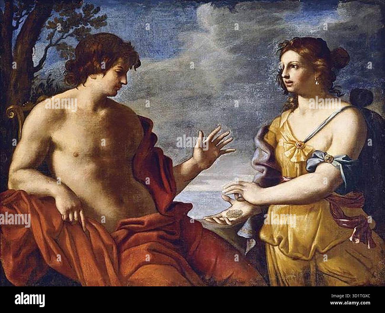 CERRINI, Giovanni Domenico (1609, Perugia, 1681, Roma) Apollo e la Sibilla Cumaea - olio su tela, 102 x 135 cm Collezione privata Ovidio (Metamorfosi 14:130-153) racconta come la Sibilla di Cumae, nell'Italia meridionale, fosse amata da Apollo.la corrompeva offrendole di prolungare la sua vita per tanti anni quanti ne erano grani in un mucchio di polvere, in cambio delle sue abbraccia. Lei lo rifiutò e anche se mantenne la parola, negò la sua perpetua giovinezza, così le fu ordinato di secoli come una crone magra. Nel dipinto la Sibilla, una giovane donna è mostrata in piedi davanti all'Apollo seduto che tiene in mano Foto Stock