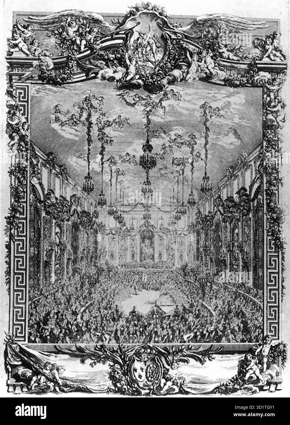COCHIN, Charles-Nicolas i (1688, Parigi, 1754, Parigi) The Dress Ball given in Honour of the Dauphin's Wedding 1746 Engraving Biblioth?que Nationale, Parigi nonostante i periodi di crisi finanziaria, l'uscita di incisioni e arazzi, così come dipinti su pareti e soffitti, mai cessati, registrando immagini delle cerimonie e festività della monarchia in uno stile nobile e allegorico. Sotto Luigi XV, Charles-Nicolas Cochin il giovane, figlio dell'incisore di Watteau, fu specificamente nominato Drawer-Engraver dei Revels, e con suo padre pubblicò le grandi tavole del matrimonio del Delfino Foto Stock