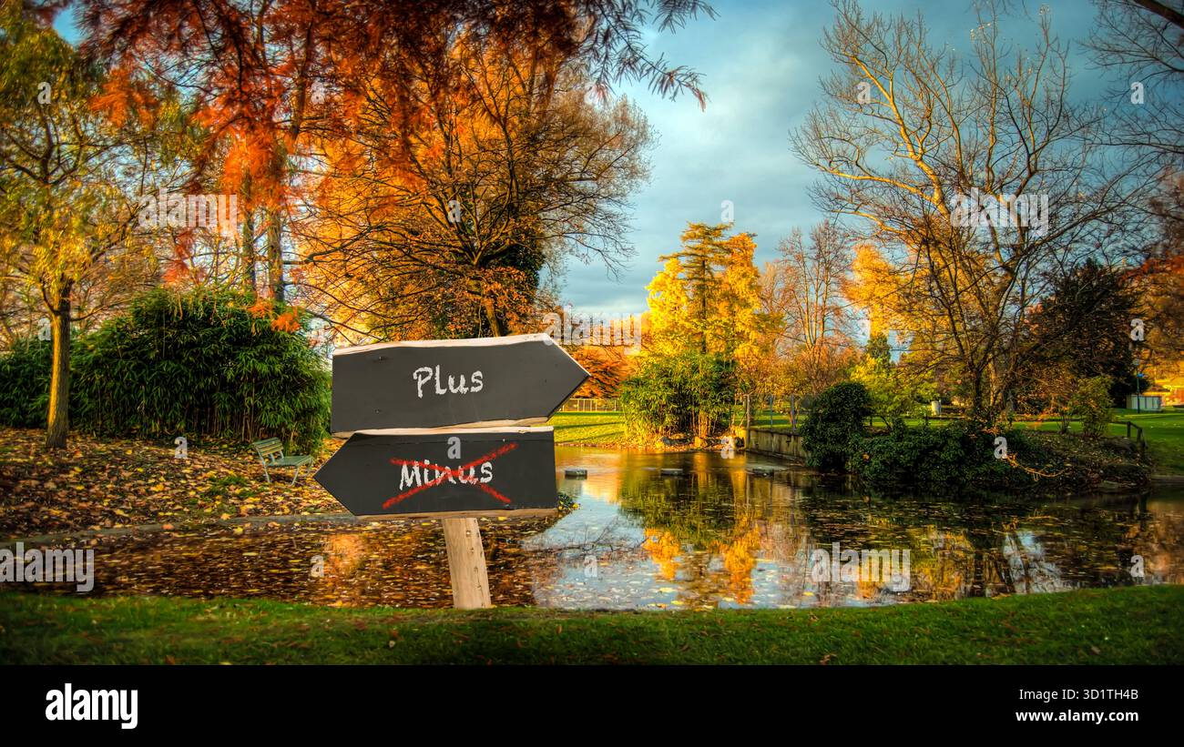 Segui le indicazioni stradali per il Bildmontage con il segno più o meno Foto Stock