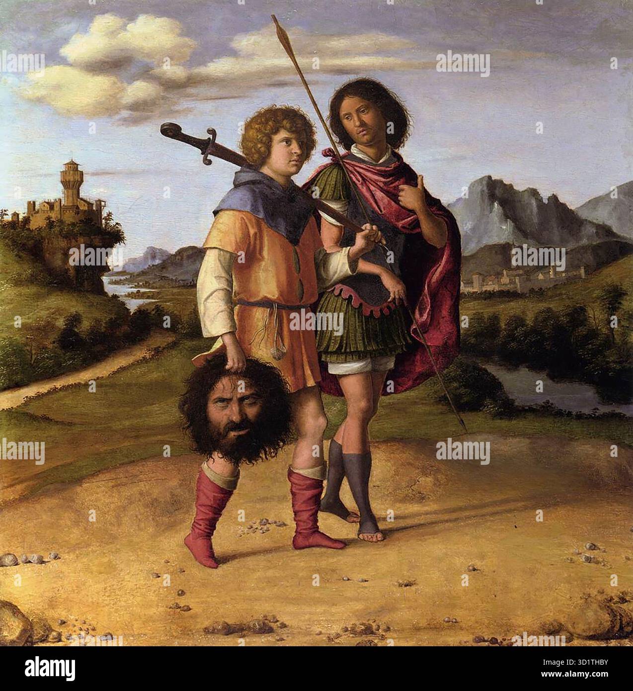 CIMA da Conegliano (nato ca. 1459, Conegliano, d. 1517/18, Conegliano) David e Jonathan 1505-10 olio su tavola, 41 x 39 cm National Gallery, Londra il soggetto del dipinto è estremamente insolito nella pittura rinascimentale italiana. Probabilmente fu dipinto per un mecenate privato con un interesse speciale per il soggetto. Giònata era figlio di Saul, re di Israele, della tribù di Beniamino, e Davide era figlio di Iesse di Betlemme e presunto rivale di Giònata per la corona. David alla fine diventa re. L'amicizia tra David e Jonathan era una relazione di alleanza. Il tradizionale e. Foto Stock