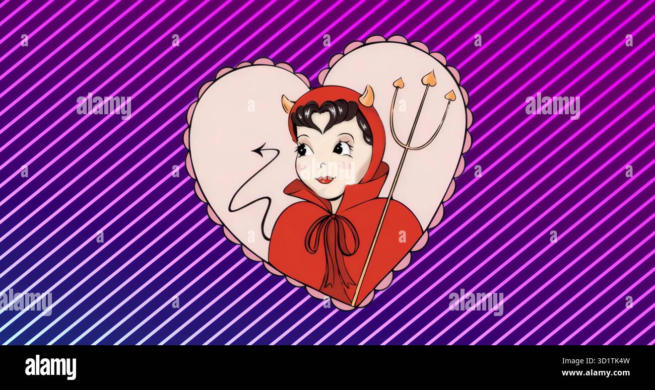 Mostra il diavolo che indossa un mantello con cappuccio rosso, reggendo un tridente con punta a cuore nella cornice del cuore in grafica art Foto Stock