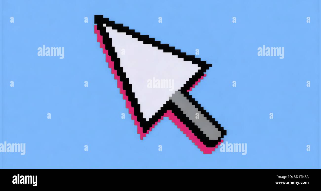 Visualizzazione della freccia del cursore pixel-art con contorno nero e ombra esterna rosa sul campo azzurro Foto Stock