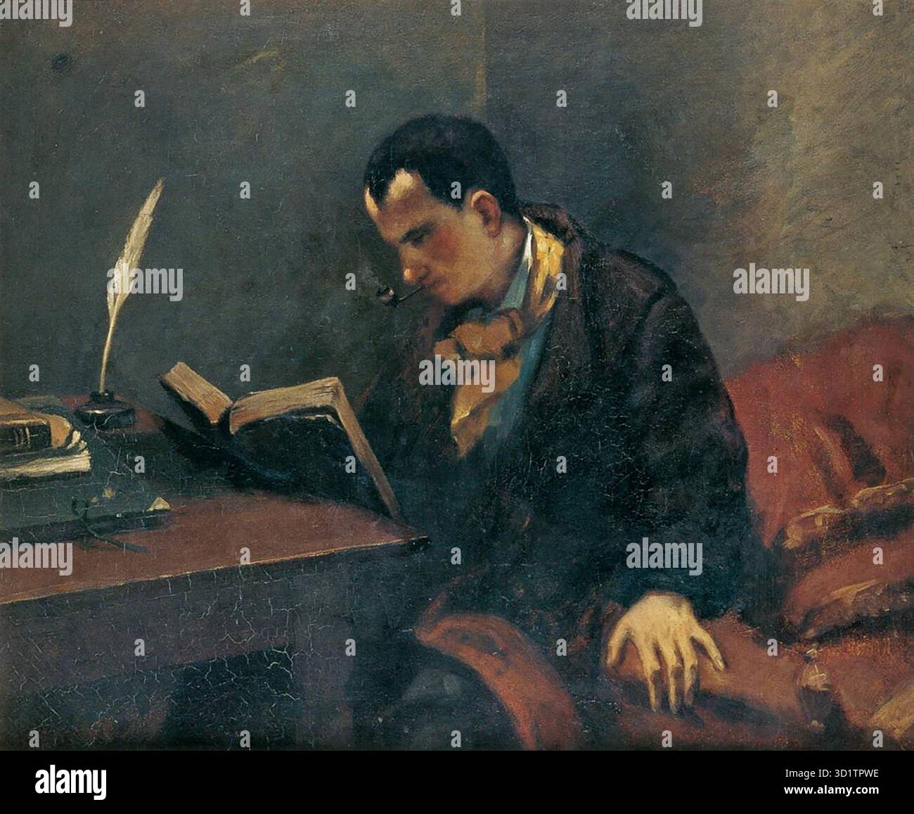 COURBET, Gustave (1819, Ornans, d. 1877, la Tour-de-Peilz) Ritratto di Baudelaire c. 1848 olio su tela, 54 x 65 cm Mus?e Fabre, Montpellier il Ritratto di Baudelaire non mostra il poeta al suo più brillante. È visto come studioso e critico: L'autore dei Salons. Sta fumando una pipa e leggendo, mentre la penna adagiata in cima a un libro sulla sua scrivania è troppo evidente come emblema della sua professione. --- parole chiave: --------------- Autore: COURBET, Gustave titolo: Ritratto di Baudelaire Time-line: 1851-1900 Scuola: Francese forma: Pittura tipo: Ritratto Foto Stock