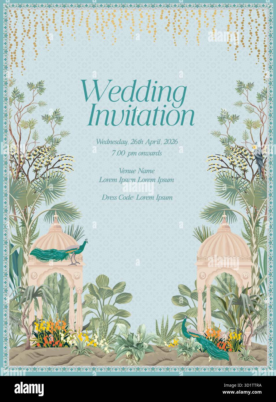 Modello di invito a nozze floreale di lusso blu con pavoni e fogliame tropicale. Illustrazione Vettoriale