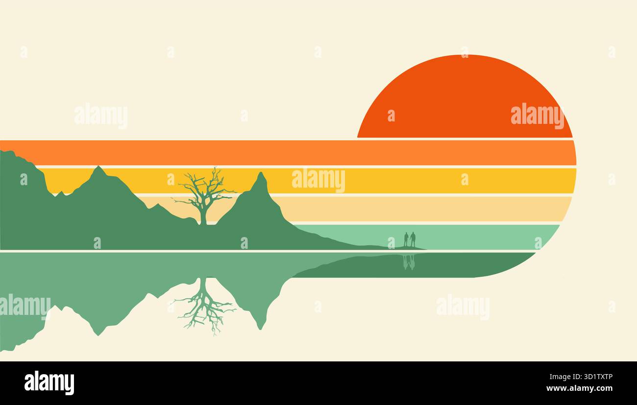 Un'isola e delle persone sono visibili di fronte a un'immagine grafica del tramonto in un'immagine vettoriale. Illustrazione Vettoriale