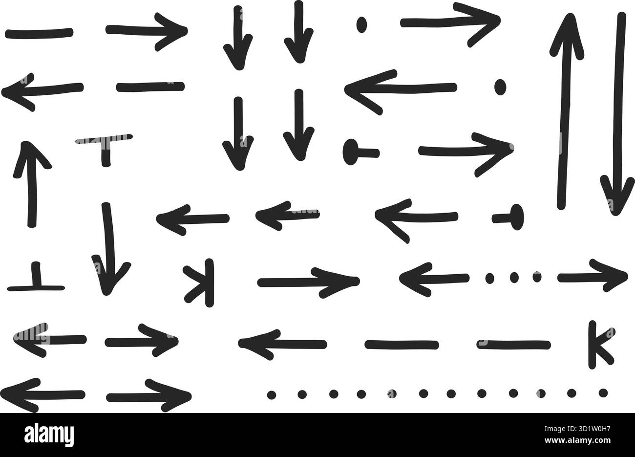 Set di frecce e simboli disegnati a mano: Icone direzionali in stile schizzo su sfondo bianco per il design e l'istruzione Illustrazione Vettoriale