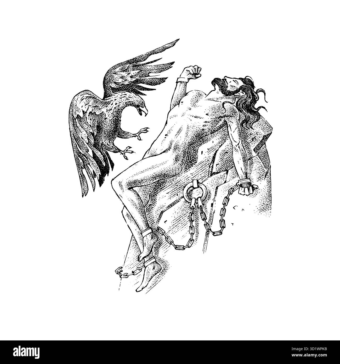 Miti dell'antica grecia. Prometeo titano incatenato su una roccia e un'aquila che lo becca. Schizzo del carattere. Illustrazione vettoriale vintage disegnata a mano per Illustrazione Vettoriale