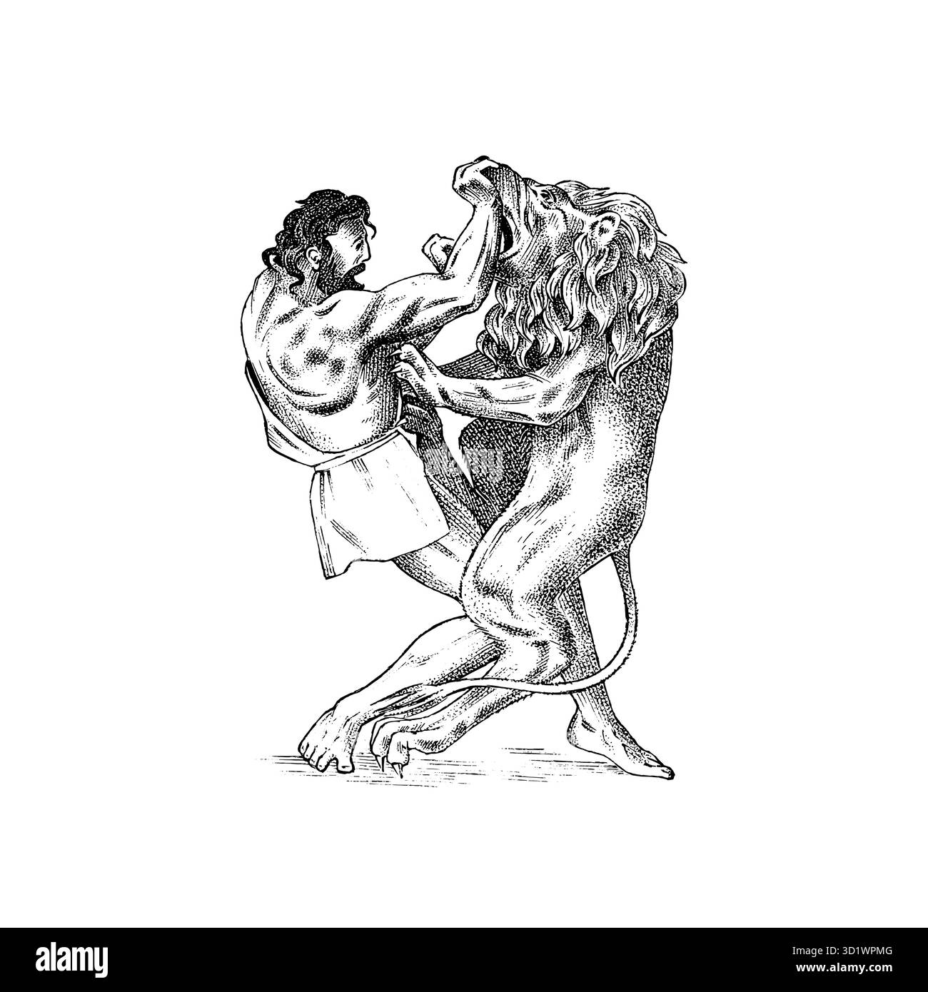 Miti dell'antica grecia. ercole che strappa la bocca di un leone, 12 fatiche. Schizzo del carattere. Illustrazione vettoriale vintage disegnata a mano per libro, emblema o. Illustrazione Vettoriale