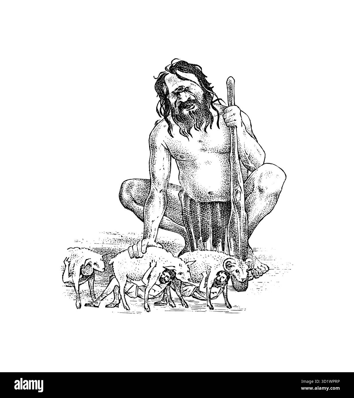 Miti dell'antica Grecia. Fuga di Ulisse dalla grotta del cieco Polifemo. Ciclopi giganti. Homer. Schizzo del carattere. Vettore vintage disegnato a mano Illustrazione Vettoriale