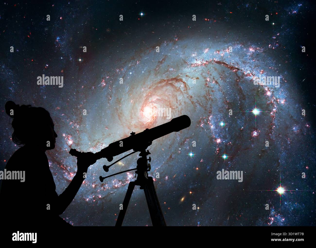 Ragazza che guarda le stelle con il telescopio. Stellar Nursery NGC 1672. Galassia a spirale nella costellazione Dorado elementi di questa immagine sono forniti da Foto Stock